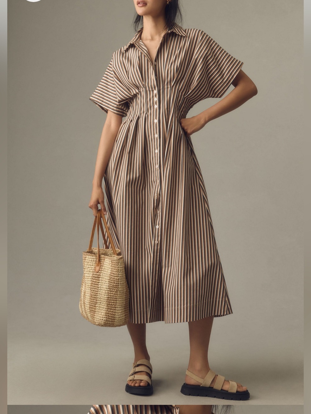 Exquise Tobie Button-Front Pleated Shirt Dress in Brown Stripe - Med Petite